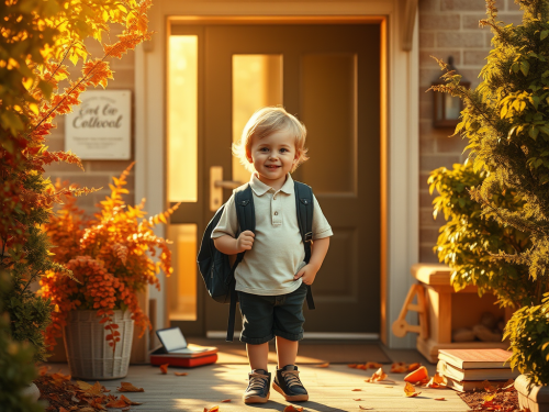 Little boy on the front porch being sent off to school on the first day of back to school 