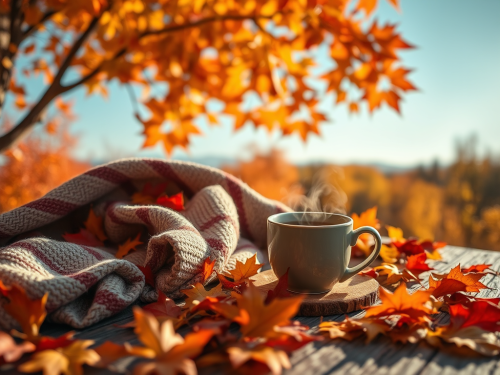 a cup of coffee on a blanket with falling leaves in Autumn 