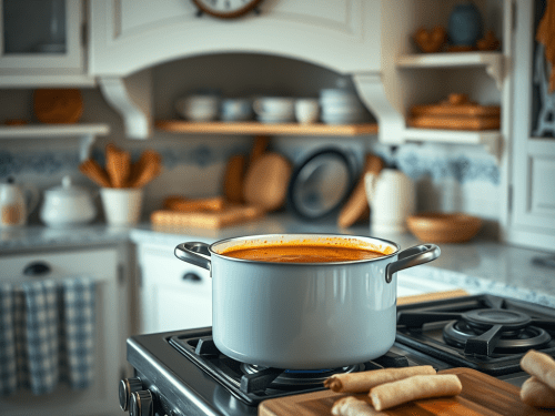 A large pot of soup simmering on the stove