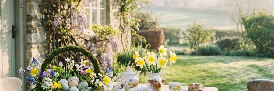 Rustic garden table set with Easter eggs, lamb cake, hot cross buns, and spring flowers.