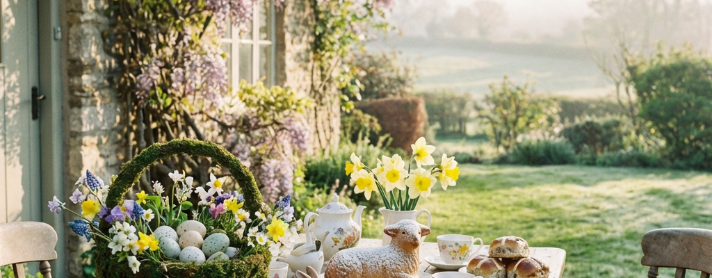 Rustic garden table set with Easter eggs, lamb cake, hot cross buns, and spring flowers.
