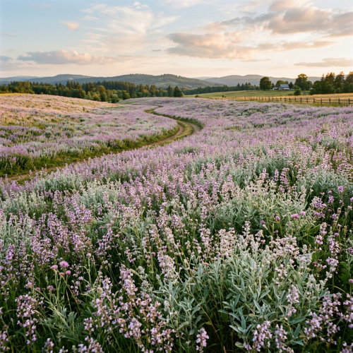 Winding dirt path through a blooming lavender field with hills and trees in the background
