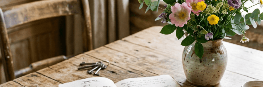 Open journal with handwritten notes, pen, wildflower bouquet in vase, and cup of tea on wooden table
