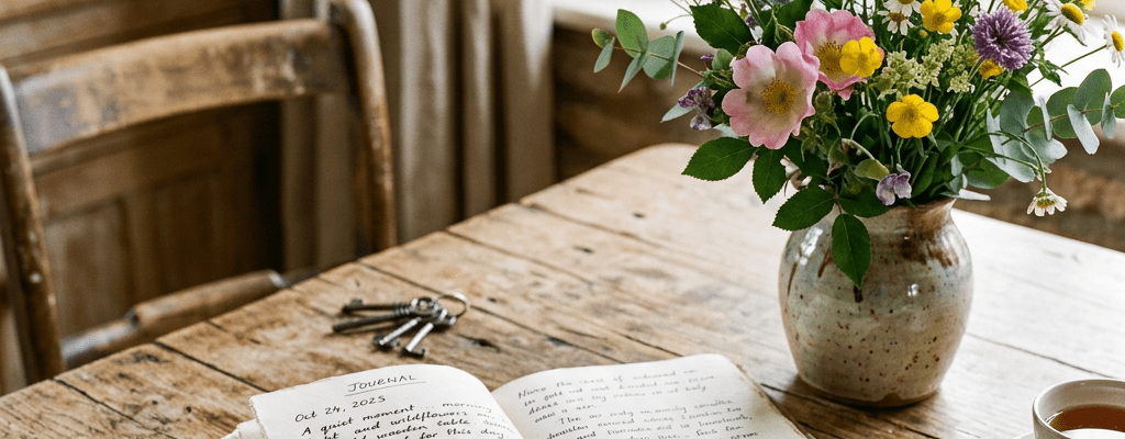 Open journal with handwritten notes, pen, wildflower bouquet in vase, and cup of tea on wooden table