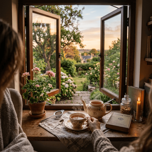 Soft evening light, tea by open window