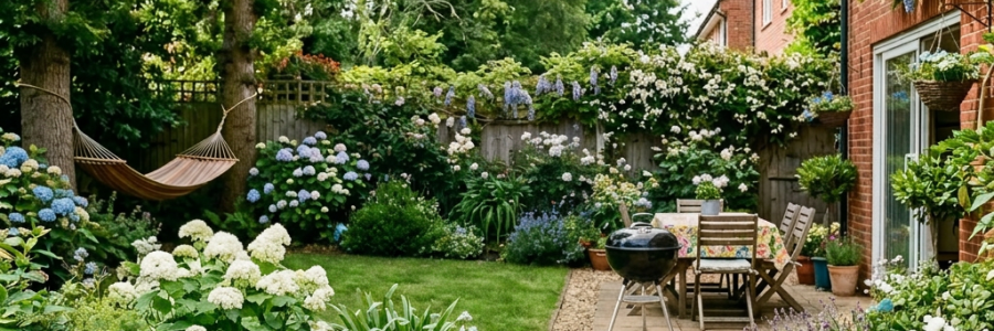 Woman reading on patio chair with kids playing with ball in garden and dog lying nearby
