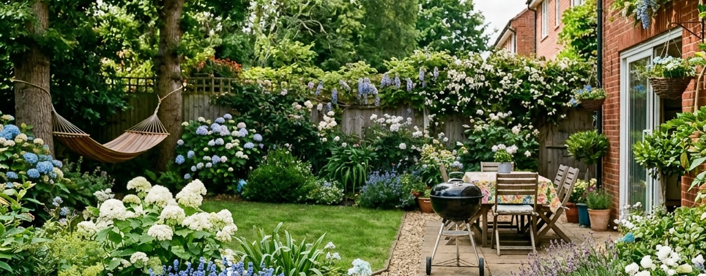 Woman reading on patio chair with kids playing with ball in garden and dog lying nearby