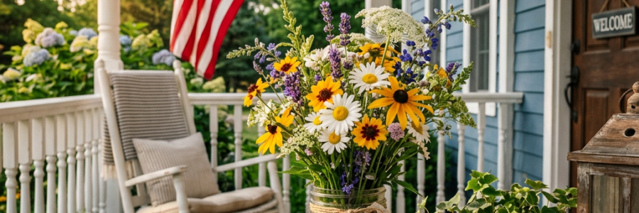 Wildflower bouquet in a jar on a porch table with rocking chair and American flag