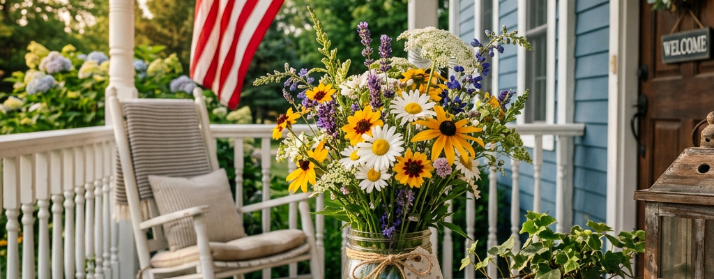 Wildflower bouquet in a jar on a porch table with rocking chair and American flag