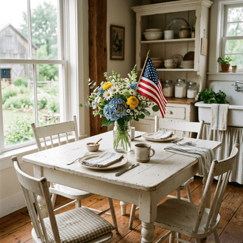 Rustic white kitchen table with flower bouquet, American flag, and place settings