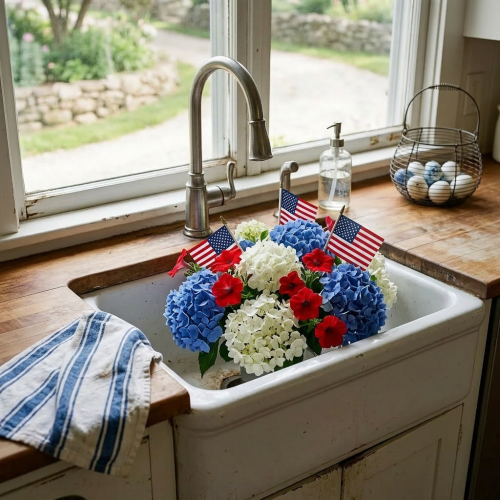 Red, white, and blue hydrangeas and flowers with small American flags arranged in kitchen sink