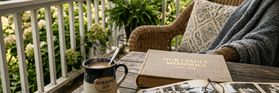 Wooden table with family photo album and coffee mug on porch with chair and plants