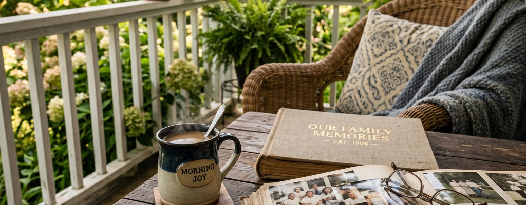 Wooden table with family photo album and coffee mug on porch with chair and plants