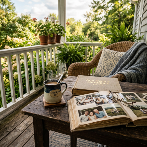 Wooden table with family photo album and coffee mug on porch with chair and plants