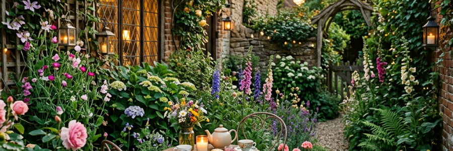 Rustic garden table with tea set surrounded by blooming flowers next to a cottage
