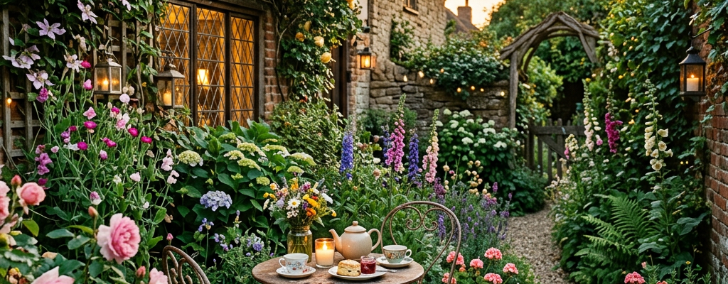 Rustic garden table with tea set surrounded by blooming flowers next to a cottage
