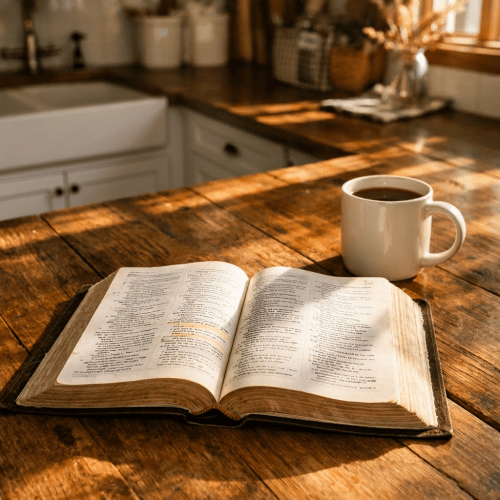 Open book with highlighted text next to a white coffee mug on a wooden table