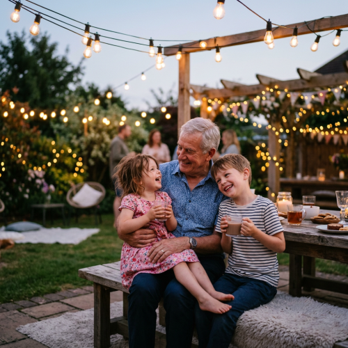 Grandfather sitting on a bench outdoors with two smiling children, holding drinks