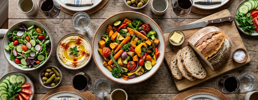 Table set for four with plates, napkins, wine glasses, salad, roasted vegetables, bread, and small bowls of olives and pickles