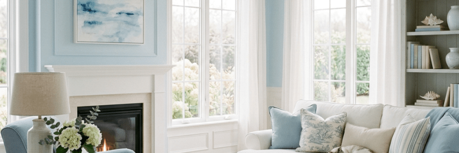 Living room with blue armchair, white sofa, fireplace, and large windows.