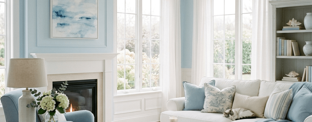 Living room with blue armchair, white sofa, fireplace, and large windows.